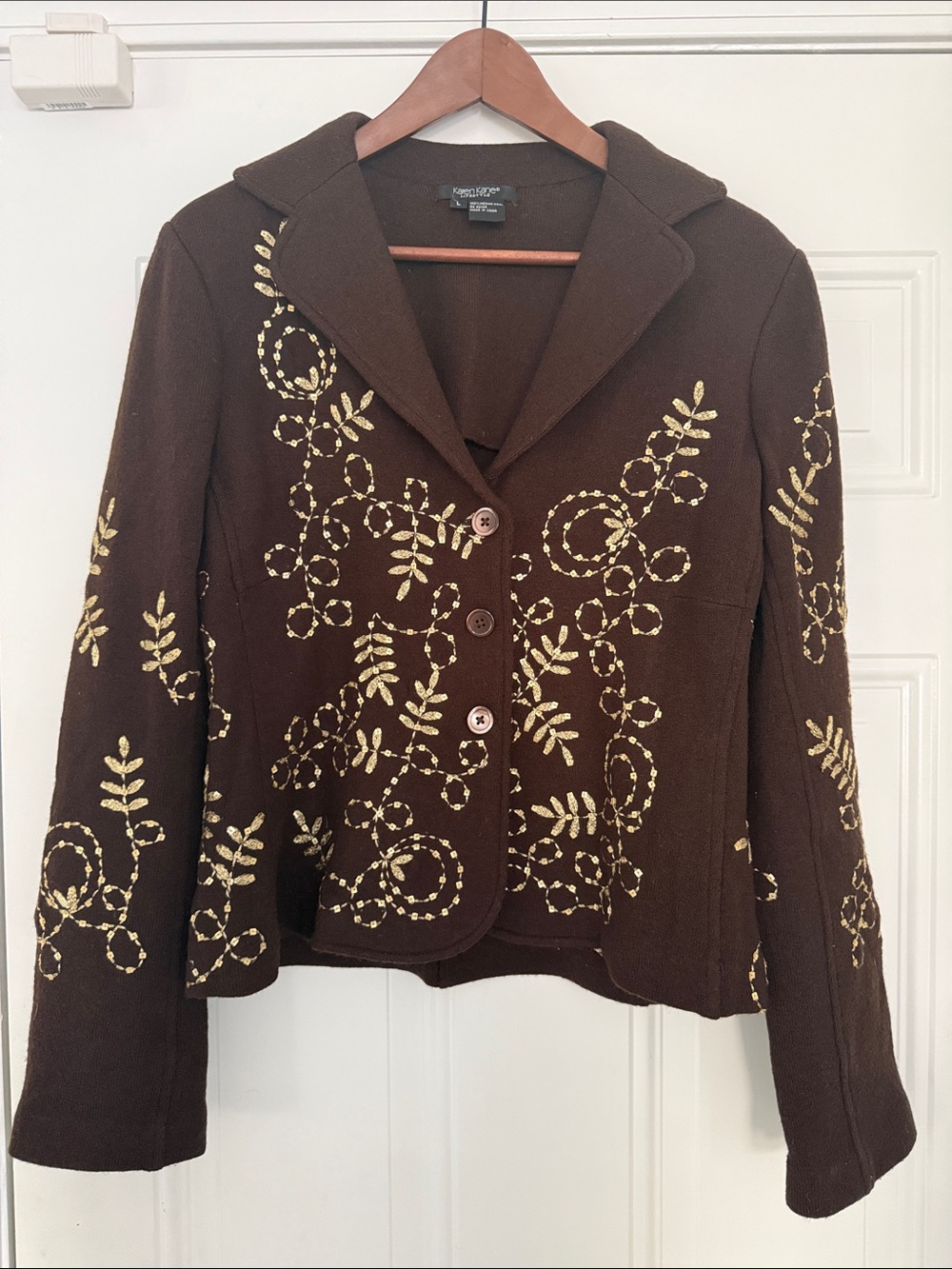 Karen Kane Wool Dark Brown Embroidered Women's Blazer Jacket Sz L